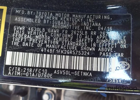 2016 Toyota Camry Le z USA, uszkodzony, nr VIN 4T4BF1FK2GR575324